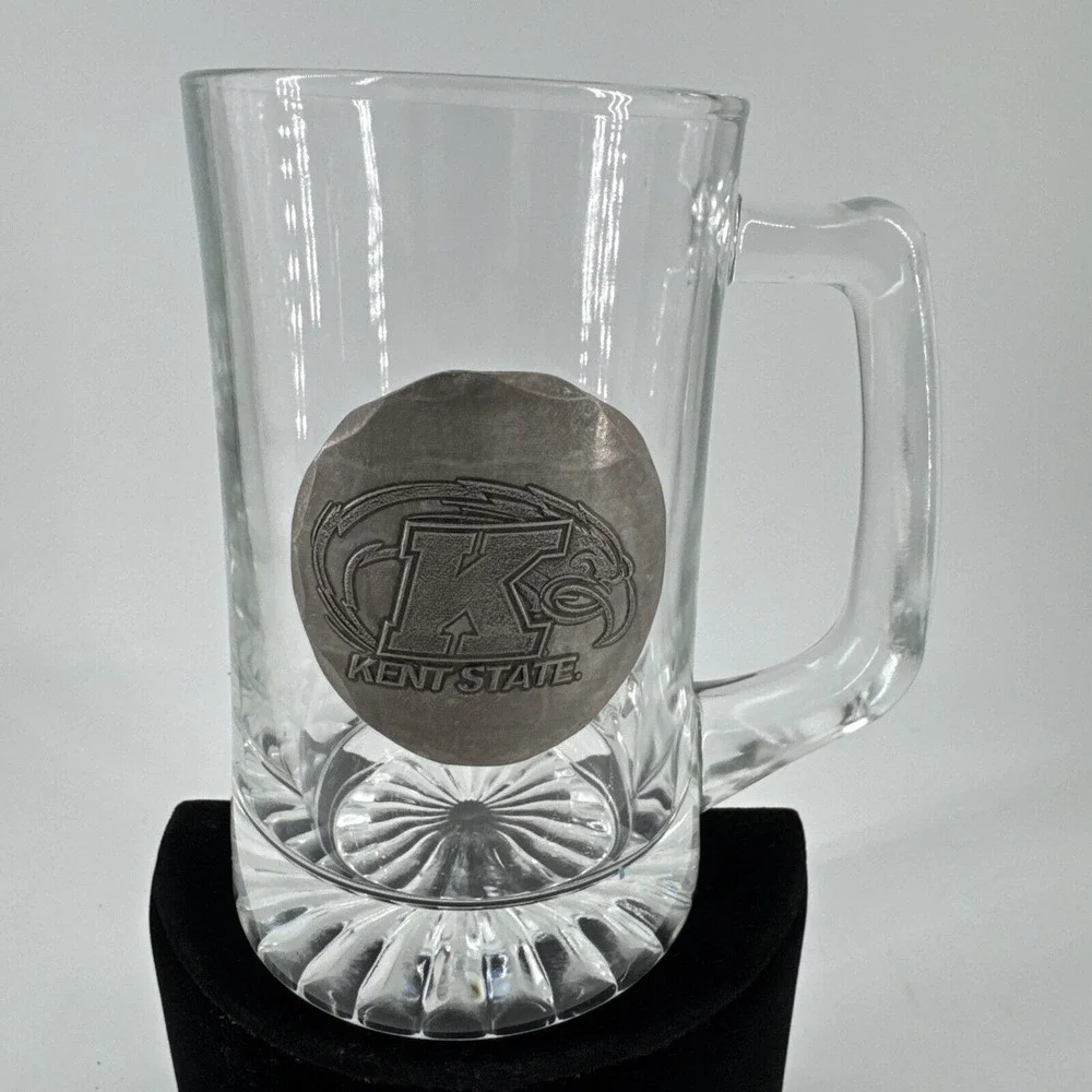 Beer Mug Stein Clear Glass Kent State‎ University Pewter Logo 5.5